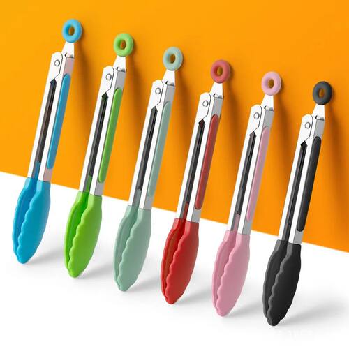 7/9/12inch Silicone Kitchen BBQ Tongs Stainless Steel Lockin