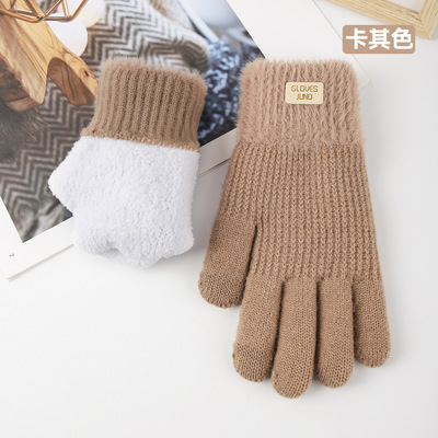 Knitted gloves for women, thickened touchscreen gloves