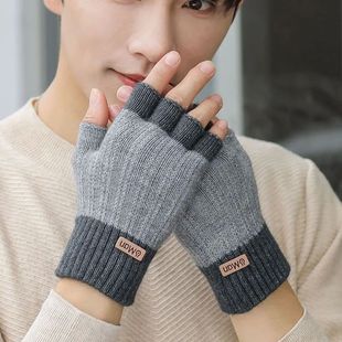 Men Winter Fingerless Half Finger Knitted Gloves Office Knit