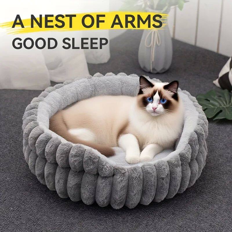 Cat Bed Round Plush Fluffy Nest Bed Cats Pet Cushions, Cozy