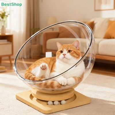 〔Jay〕42cm Transparent Cat Bed, Rotating Cat Nest with Inte