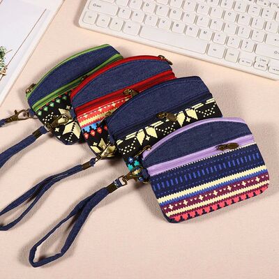 New Ethnic Style Handbag Fabric Double Zipper Coin Purse Coi
