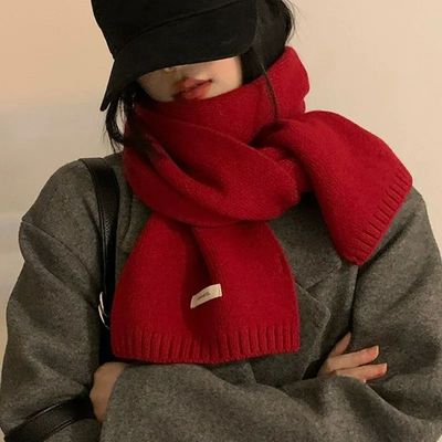 2024 New Knitted Red Scarf Women Winter Simple Classic Solid