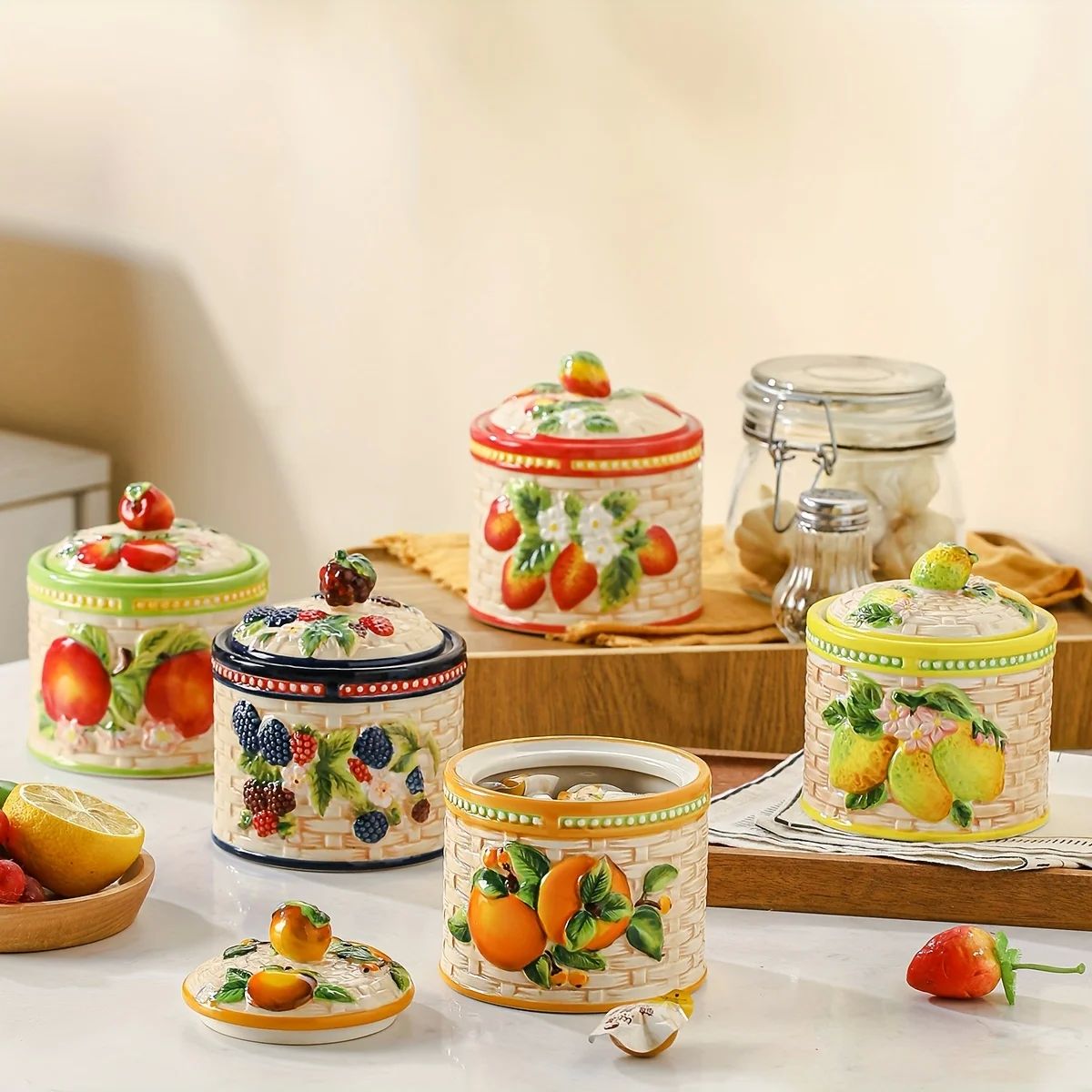 Hand-Painted Fruit Ceramic Jar with Lid - 3D Pattern, Perfec