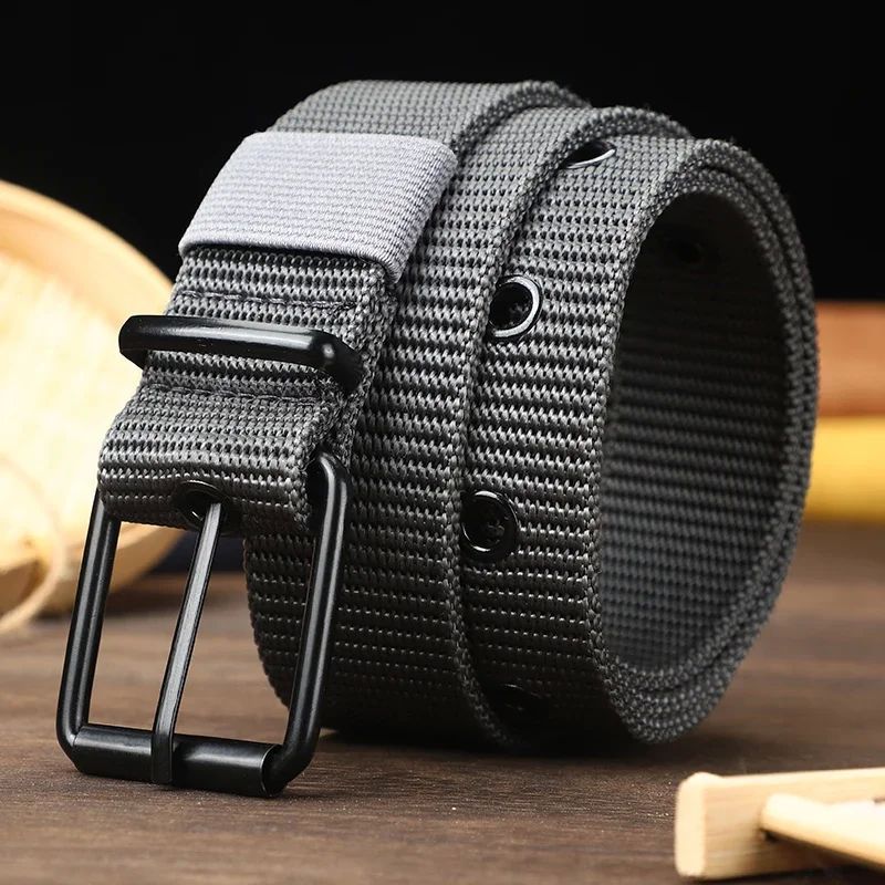 Men's Belt Porous Canvas Pin Buckle Leather Belt Outdoor Spo