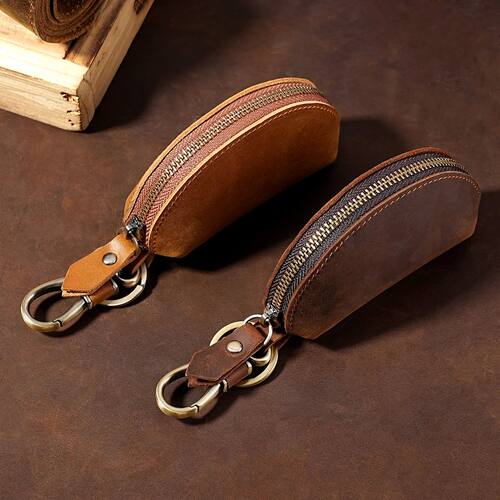 Genuine Crazy Horse Leather Car Key Pouch Zipper Key Case wi