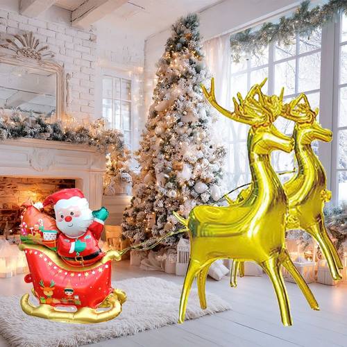 3D Stand Christmas Deer Pull Santa Claus Sleigh Foil Balloon