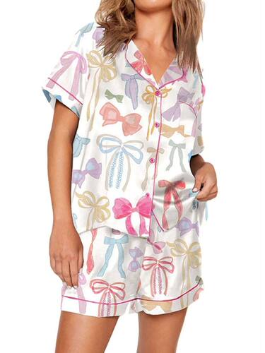 Womens Satin Pyjama Sets Soft Button Down Short Sleeve Tops