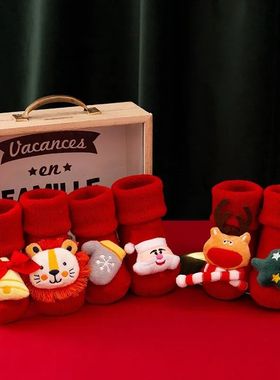 Cartoon Baby Sock Winter Newborn Elk Tree Christmas Red Thic