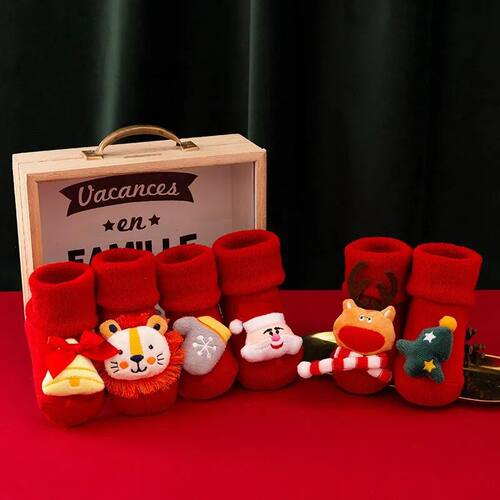Cartoon Baby Sock Winter Newborn Elk Tree Christmas Red Thic
