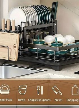 Double-tier extendable dish drainer, suitable for kitchen wo