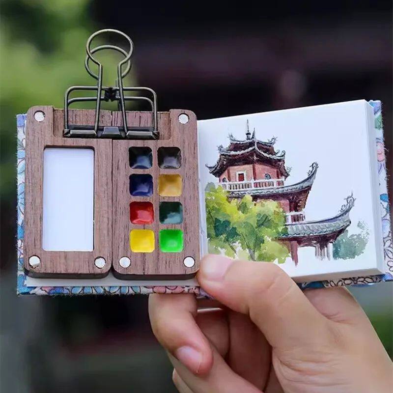 Mini Walnut Watercolor Paint Palette Empty 8 Grid 0.5ml
