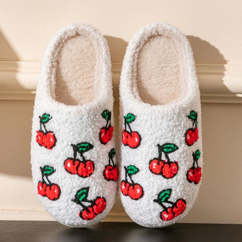 Cartoon Cherry Embroidery Pattern Women's Slippers in Winter