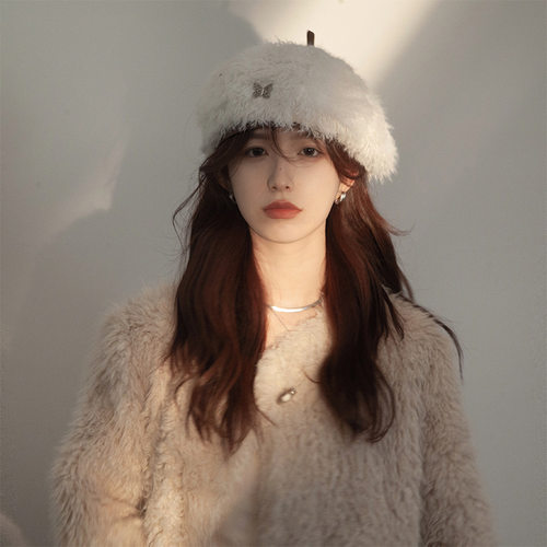 Fuzzy beret woman autumn winter painter hat 2023 new