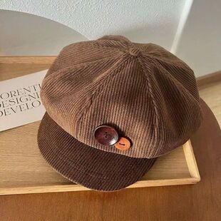 Vintage Corduroy Beret Hat For Women Korean Button Octagonal