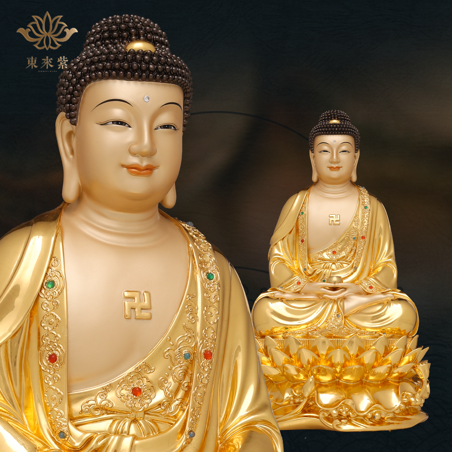 释迦摩尼神像三宝佛像如来佛祖阿弥陀佛药师佛娑婆三圣东来紫铜像