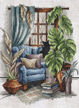 法国DMC十字绣套件动物 A1021窗边黑猫 28CT卧室装饰画新款