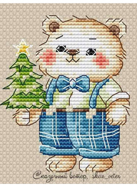 法国DMC十字绣套件 A935圣诞树小熊  客厅装饰画新款 亚麻色棉布