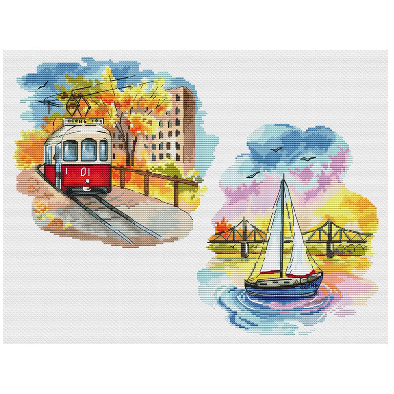 法国DMC十字绣套件风景 帆船电车系列 28CT简单印花