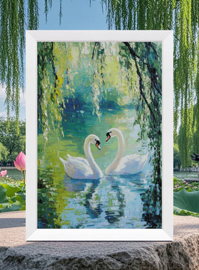 法国DMC十字绣套件风景D505油画翠柳天鹅湖 全针25CT满绣简单新手