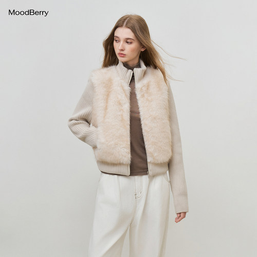 MoodBerry 美式复古皮草拼接针织毛衣女秋冬立领保暖百搭上衣外套