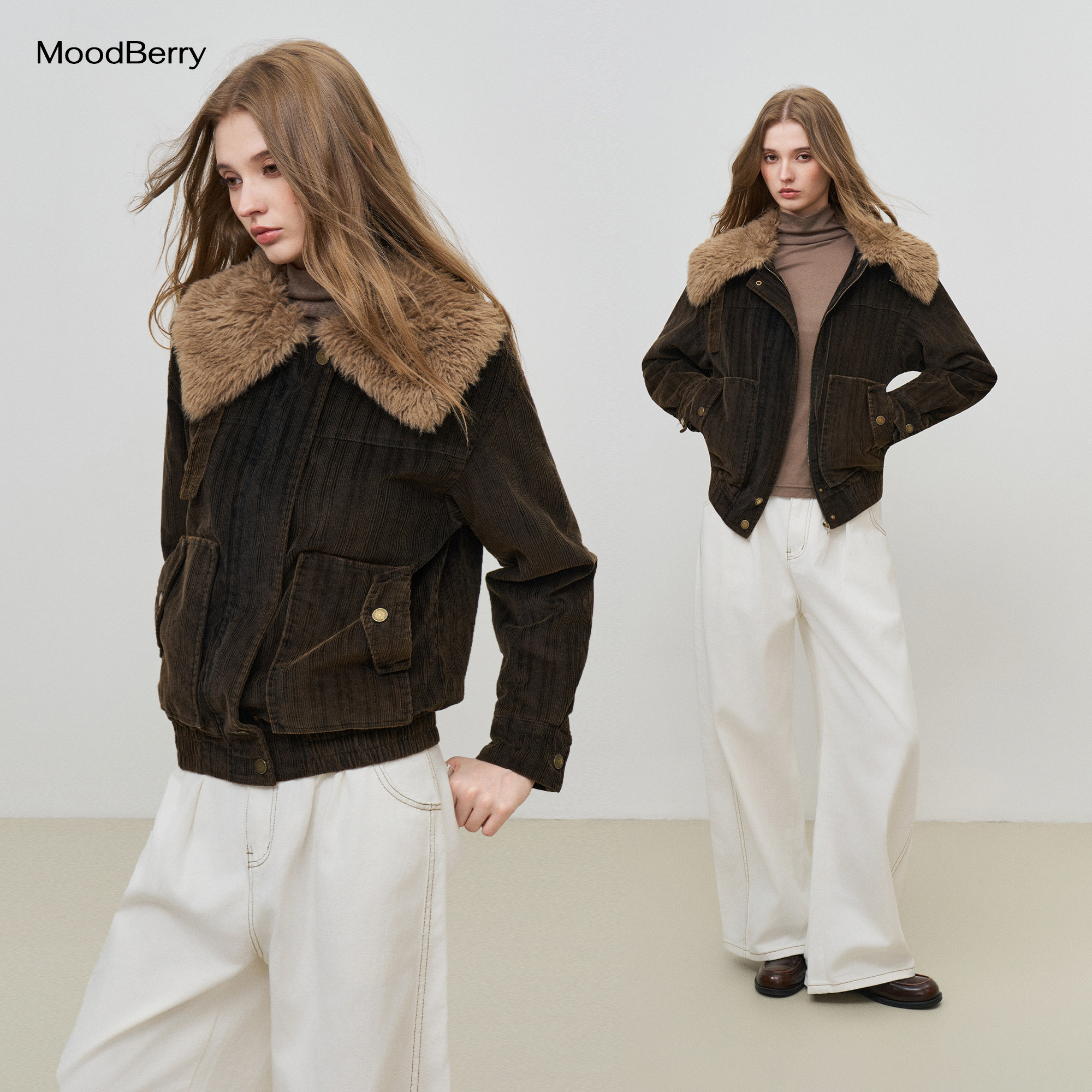 MoodBerry 美式复古灯芯绒翻毛领棉衣女冬季做旧宽松保暖上衣外套