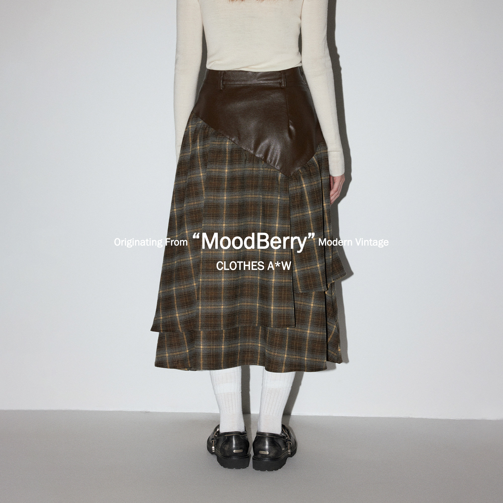 MoodBerry 美式复古皮质拼接格纹半身裙女冬季百搭设计感显瘦裙子