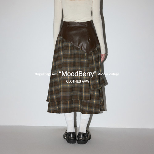 MoodBerry 美式复古皮质拼接格纹半身裙女冬季百搭设计感显瘦裙子