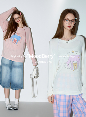 MoodBerry 美式复古小马印花罩衫女春夏插肩圆领宽松休闲长袖上衣