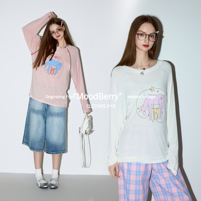 MoodBerry 美式复古小马印花罩衫女春夏插肩圆领宽松休闲长袖上衣