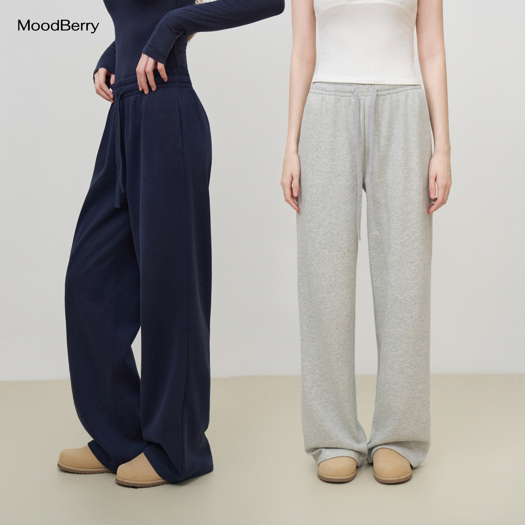 MoodBerry 美式复古基础百搭休闲长裤女秋冬抽绳宽松直筒加绒卫裤