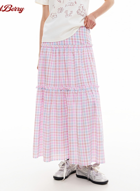 MoodBerry美式复古格子半身长裙女夏季收腰显瘦百褶小个子A字裙子