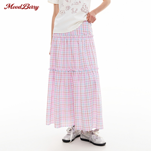 MoodBerry美式复古格子半身长裙女夏季收腰显瘦百褶小个子A字裙子