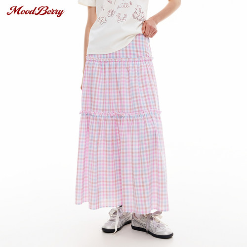 MoodBerry美式复古格子半身长裙女夏季收腰显瘦百褶小个子A字裙子