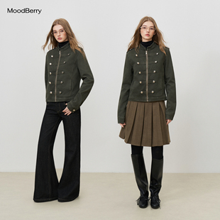 MoodBerry 美式复古军绿色双排扣拉链上衣女秋冬短外套拿破仑夹克