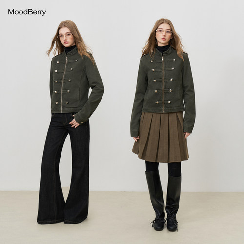 MoodBerry 美式复古军绿色双排扣拉链上衣女秋冬短外套拿破仑夹克