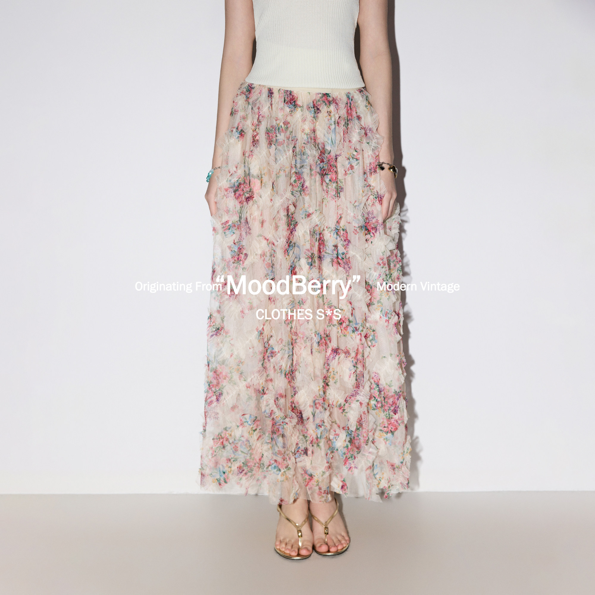 MoodBerry美式复古花朵拼接网纱蛋糕长裙女夏季高腰休闲显瘦A字裙