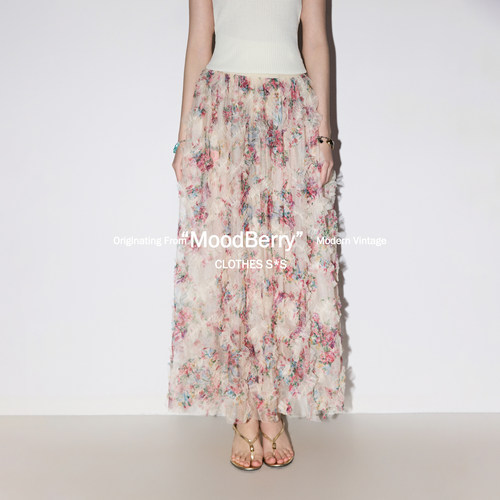 MoodBerry美式复古花朵拼接网纱蛋糕长裙女夏季高腰休闲显瘦A字裙