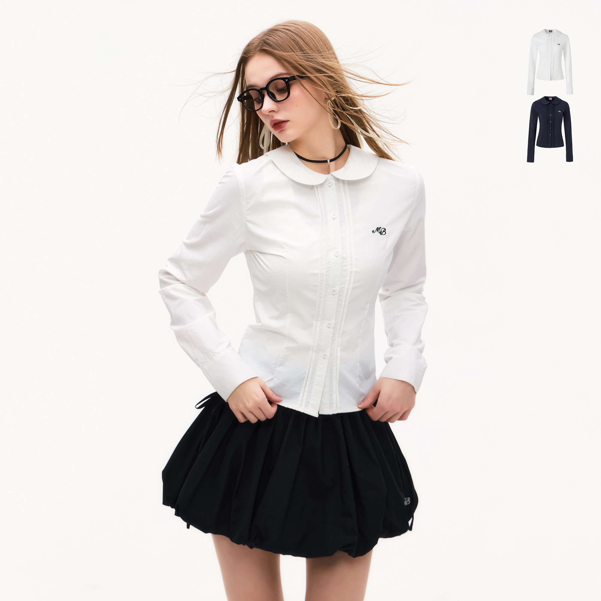 MoodBerry美式学院风荷叶领修身衬衫外套女2025春季新款收腰衬衣