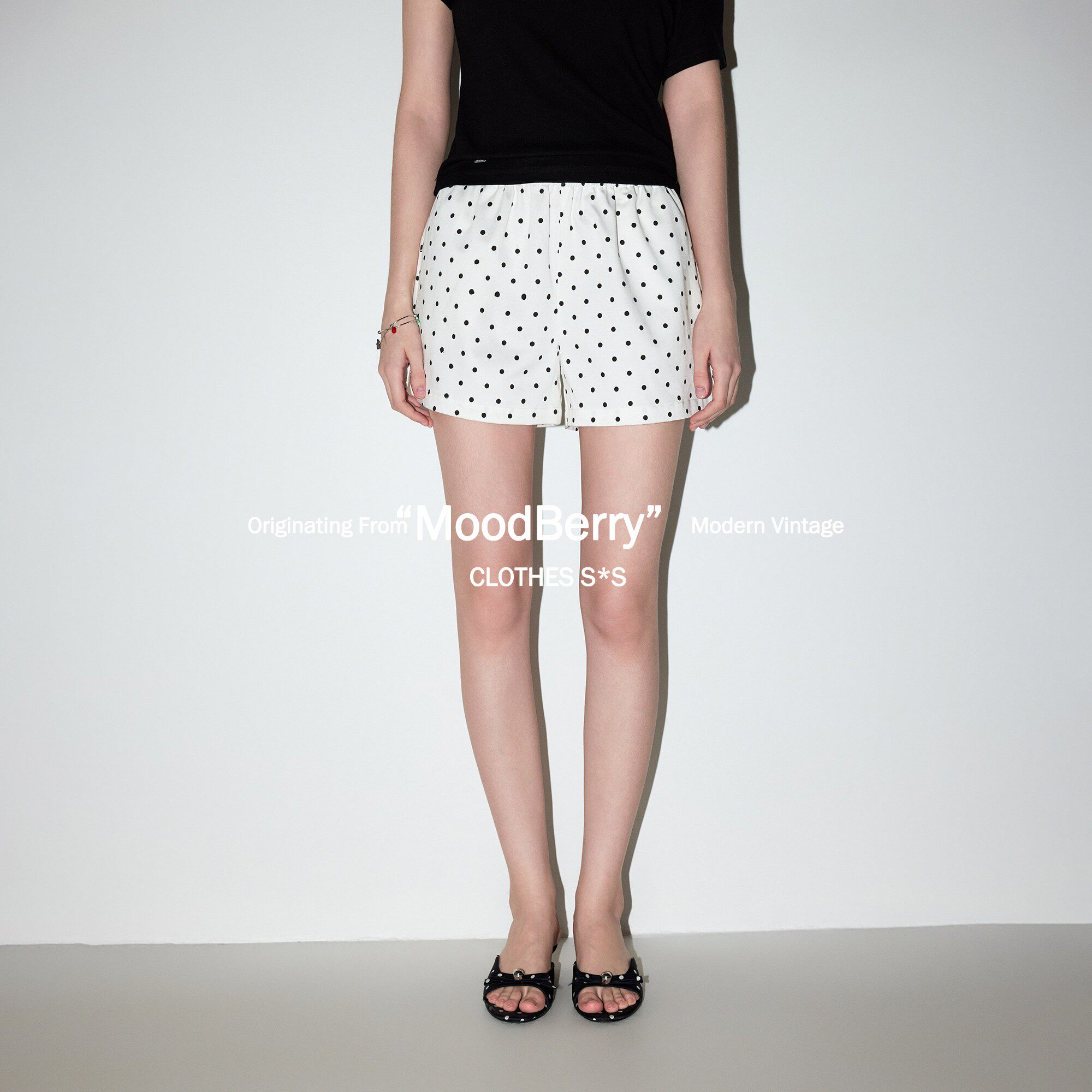 MoodBerry 美式复古黑白波点短裤女夏季慵懒休闲宽松三分外穿热裤
