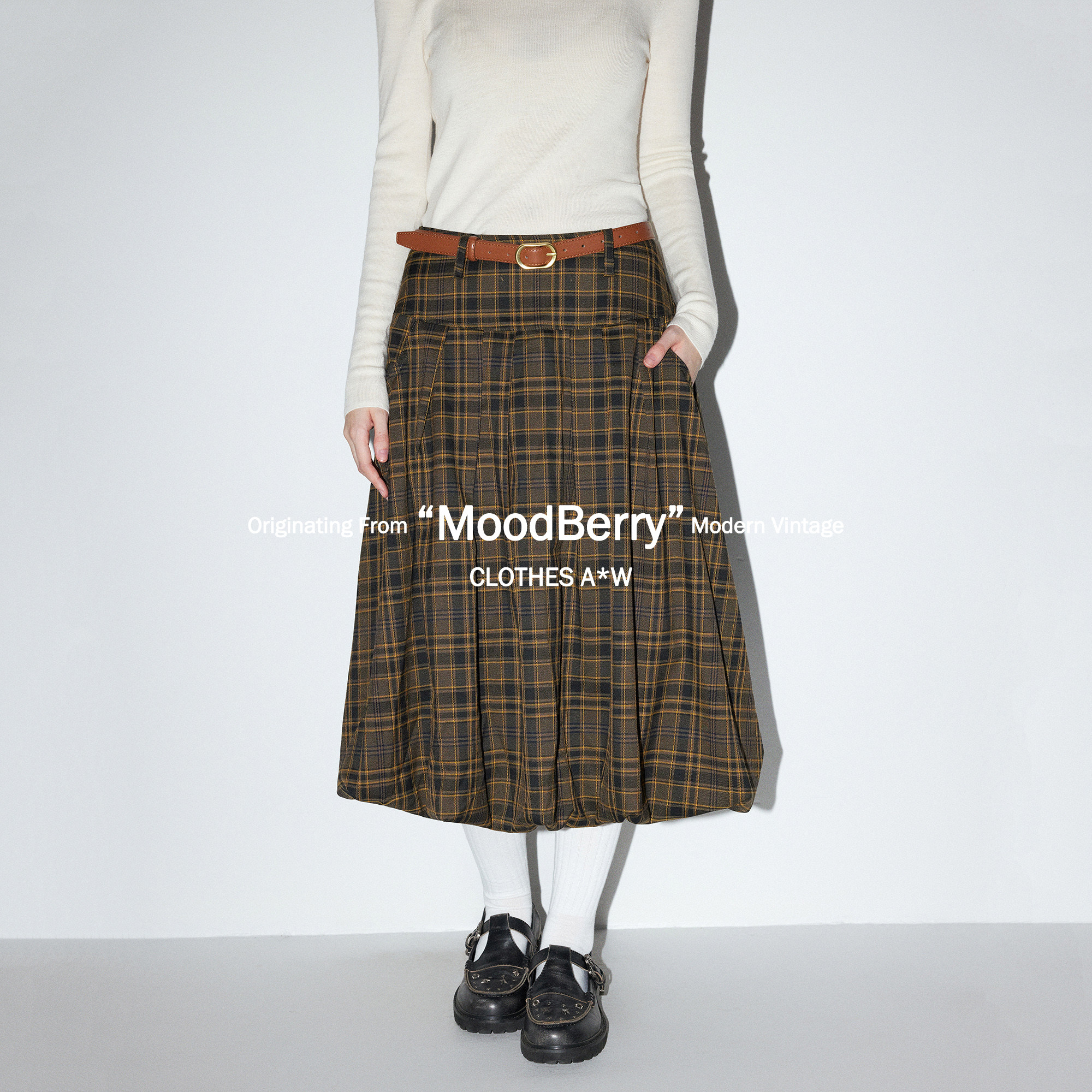 MoodBerry  美式复古棕色格纹半身裙女秋冬季高腰中长款a字花苞裙