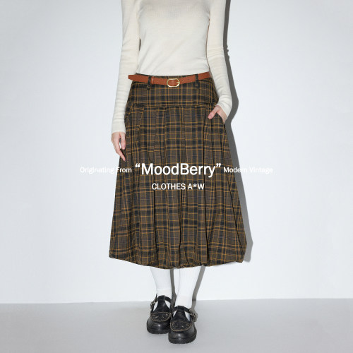 MoodBerry  美式复古棕色格纹半身裙女秋冬季高腰中长款a字花苞裙