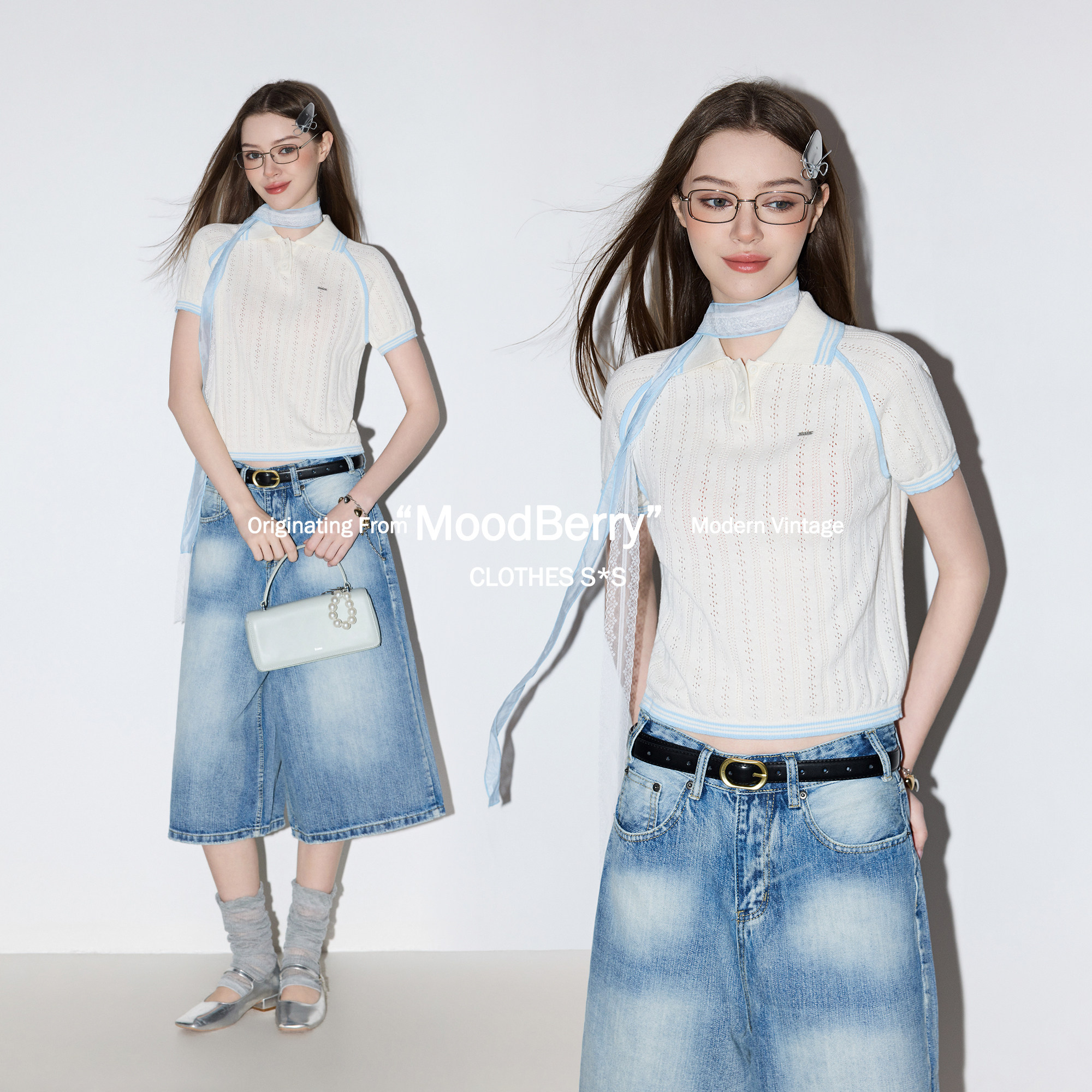 MoodBerry美式复古翻领撞色镂空针织短袖女夏季休闲百搭款上衣T恤图片