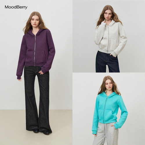 MoodBerry 美式复古纯色宽松拉链连帽卫衣外套女秋冬加绒宽松上衣
