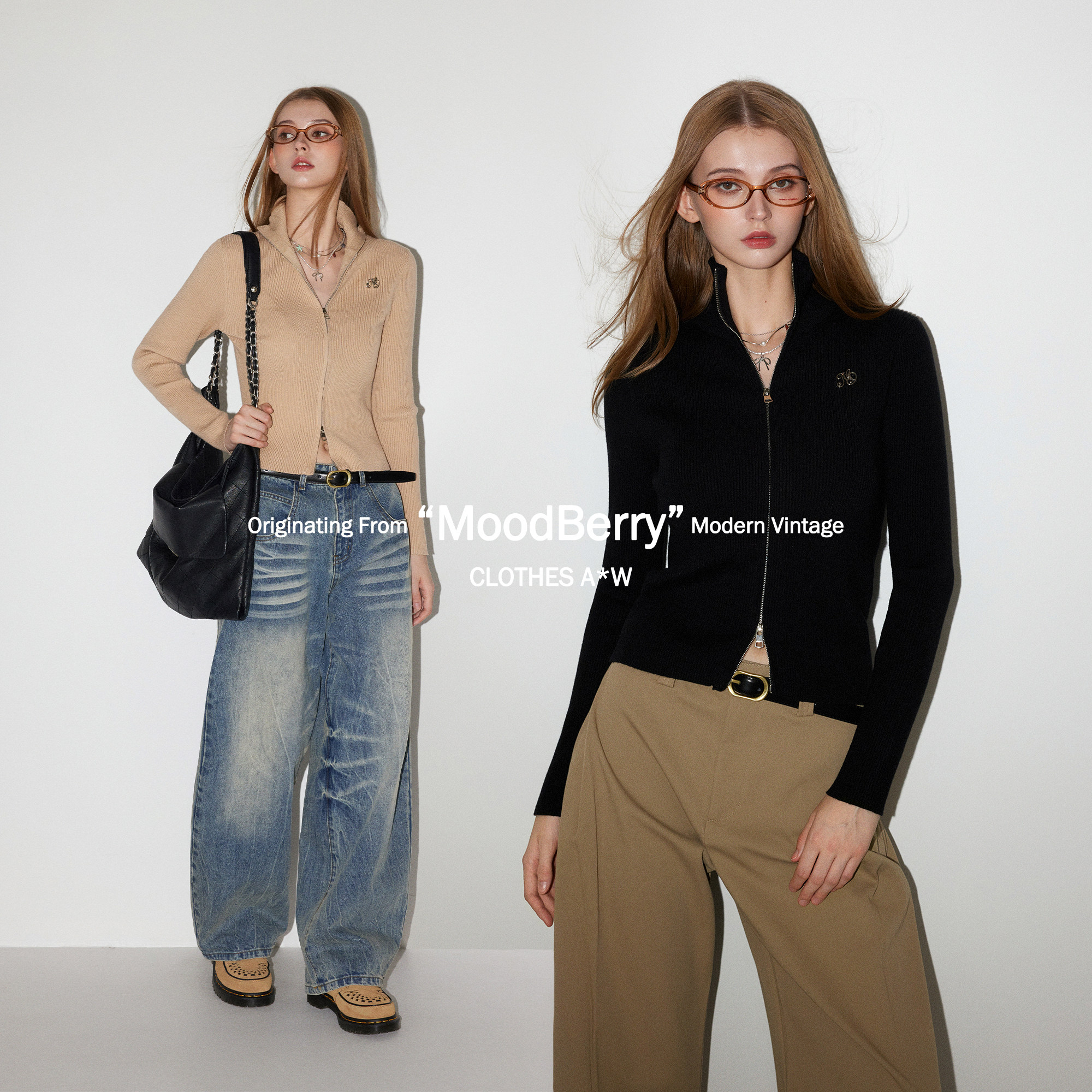 MoodBerry   美式复古修身立领针织开衫女秋冬短款双拉链百搭上衣图片