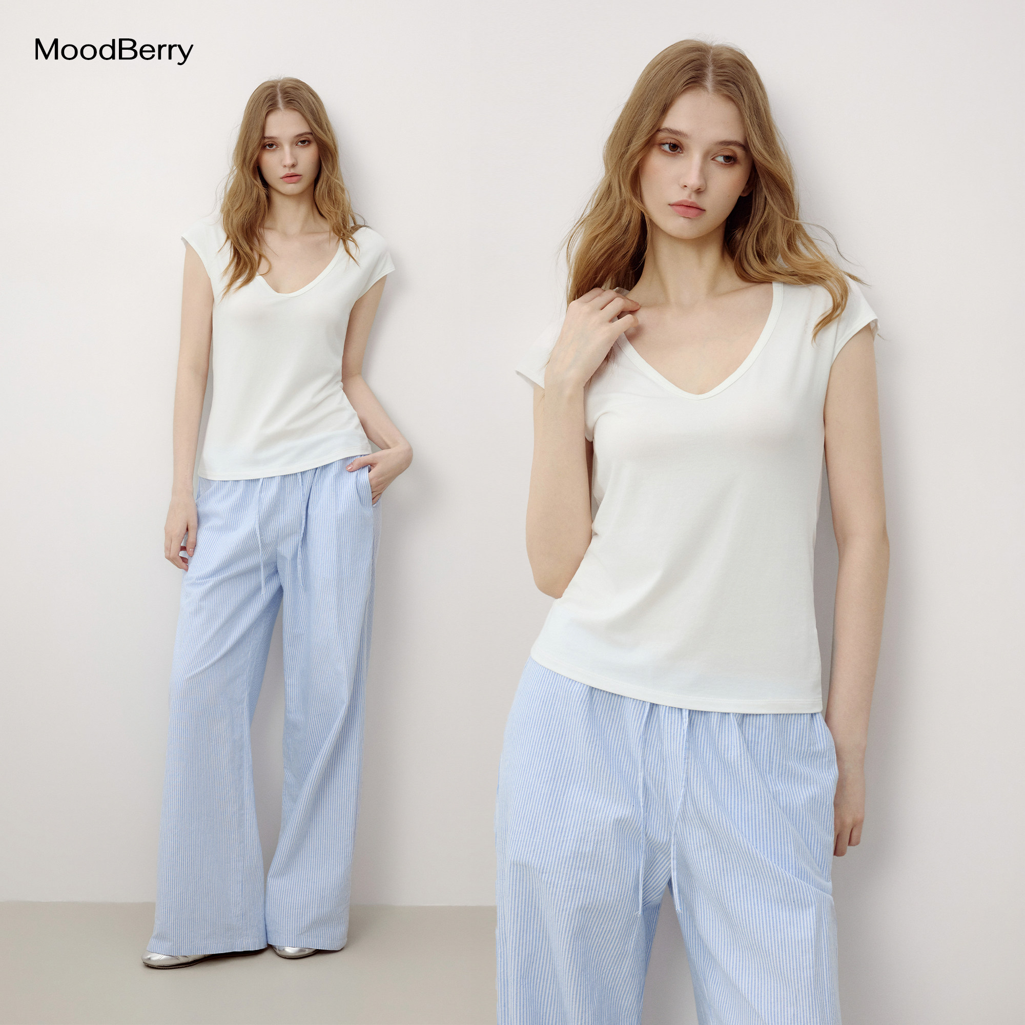 MoodBerry 美式复古V领正肩短袖女夏季休闲百搭收腰显瘦款上衣T恤图片