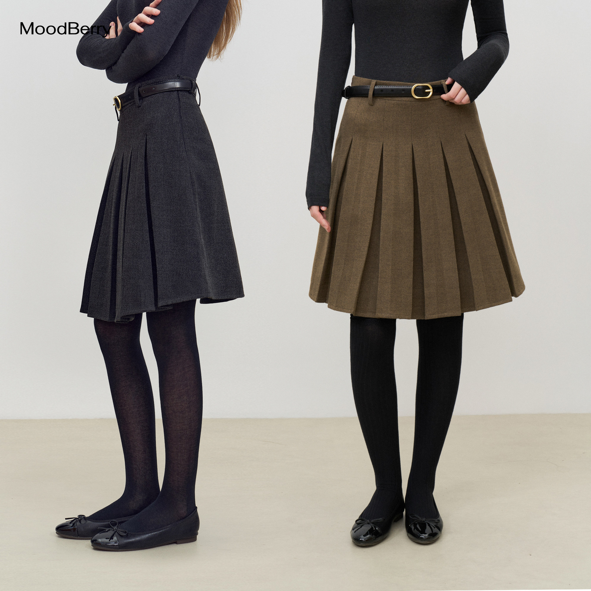 MoodBerry美式复古双色毛呢百褶裙女秋冬季简约休闲百搭A字半身裙图片