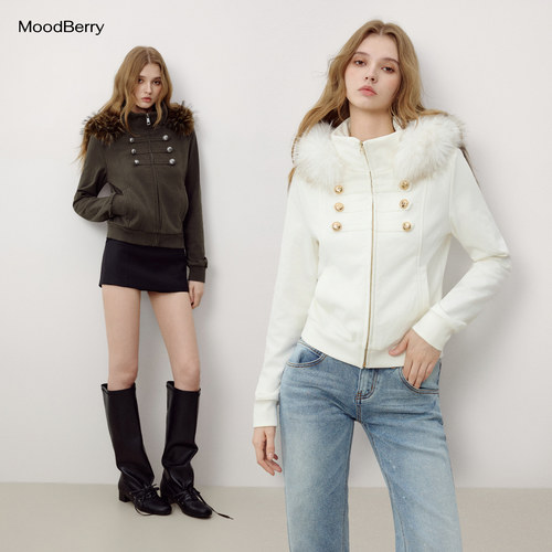 MoodBerry 美式复古双排金属扣拿破仑卫衣女秋季毛领连帽拉链外套