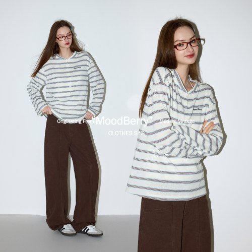 MoodBerry美式复古亨利领条纹长袖T恤女款春季松弛感休闲宽松上衣