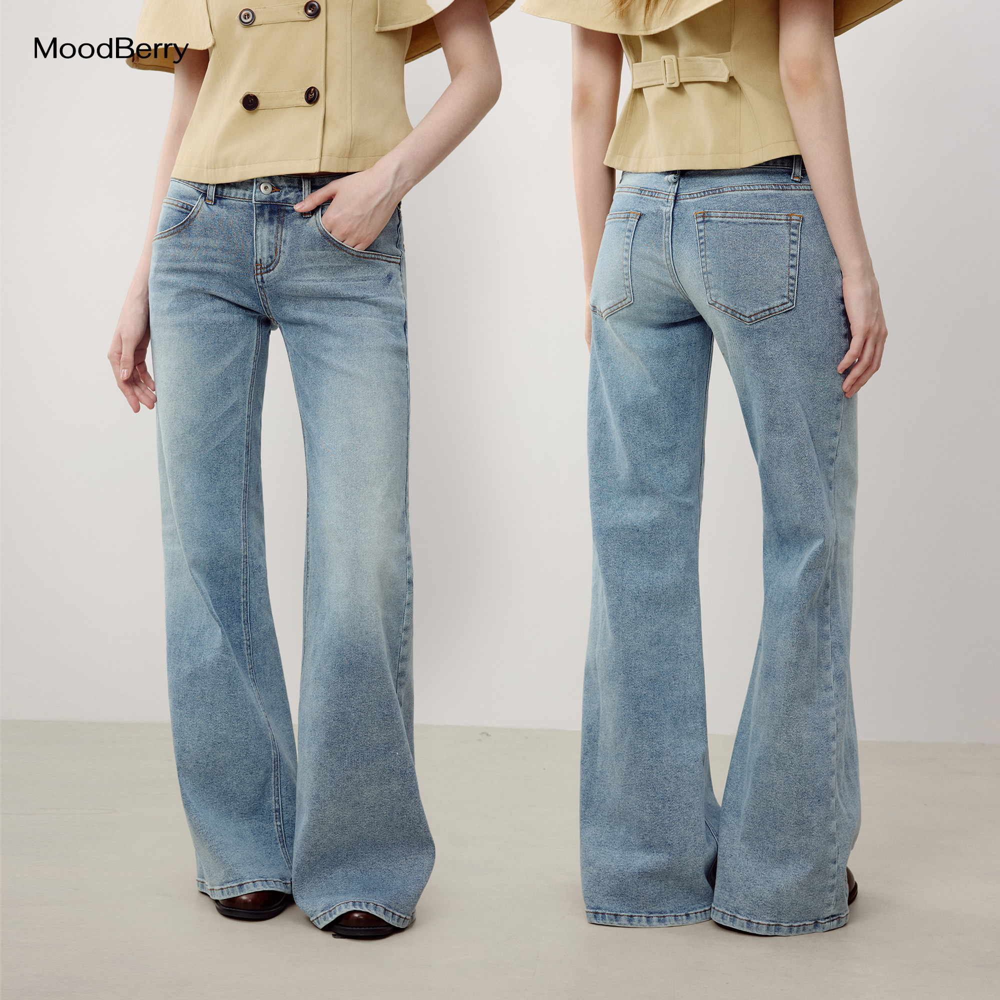 MoodBerry 美式复古浅色低腰微喇牛仔裤女夏季修身显瘦百搭长裤图片